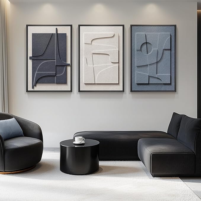 Large 3D Textured Framed Blue and White Abstract Wall Art for Living Room, 3 Piece Modern Artwork for Walls, Minimalist Navy Blue Geometric Paintings for Hallway, Stair, Office Wall Decor 24x36 In