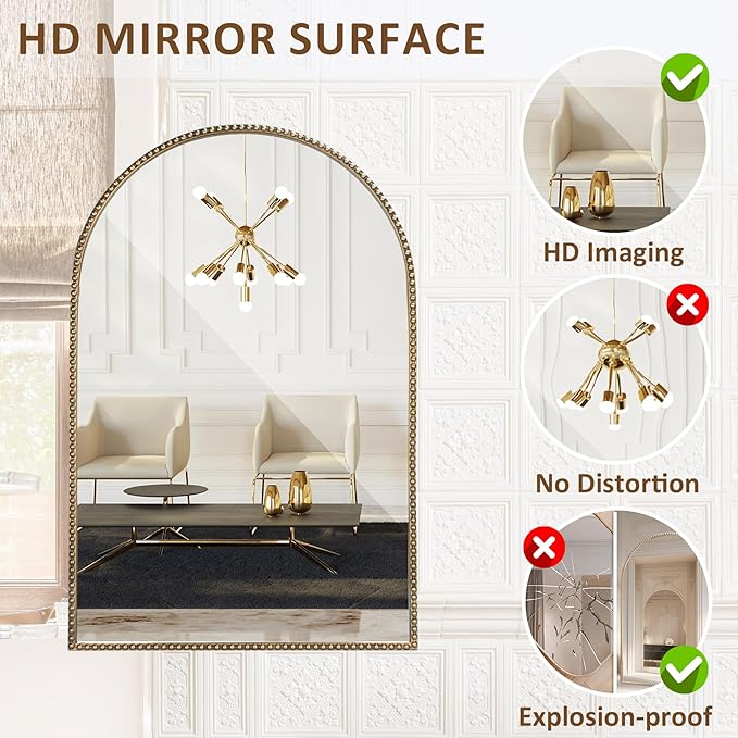 Antique Gold 24"x36" Arched Wall Mirror with Metal Beaded Frame - Decorative Accent Wall Mirror for Bathroom, Bedroom, Living Room, Entryway