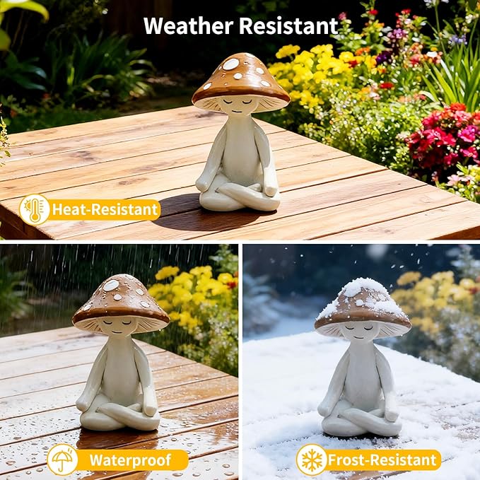 Meditation Mushroom Resin Statues – Cute Yoga Mushroom Figurines for Desk, Home, Office & Garden Decor – Zen Resin Sculptures for Living Room, Patio, Tabletop & Backyard (3 Pack, Mushroom)