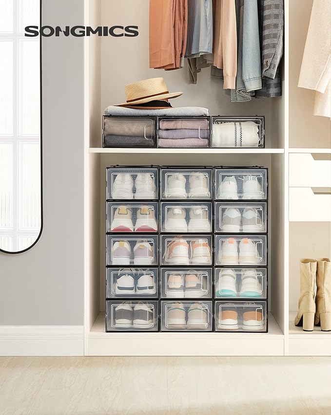 SONGMICS Shoe Boxes, Pack of 18 Shoe Storage Organizers, Stackable Clear Plastic Boxes for Closet, Sneakers, 13.1 x 9.1 x 5.6 Inches, Transparent and Black ULSP18SBKV1