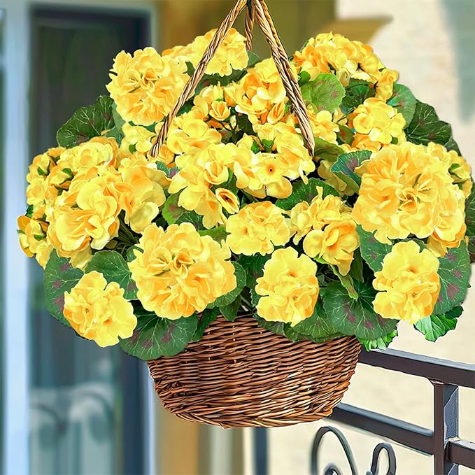 Artificial Geraniums Flowers for Outdoors Spring Decor, 4 Bundles UV Resistant Fake Geraniums Flowers Silk Faux Plants for Home Planter Gardens Table Patio Porch Indoor Cemetery Summer Decor(Yellow)