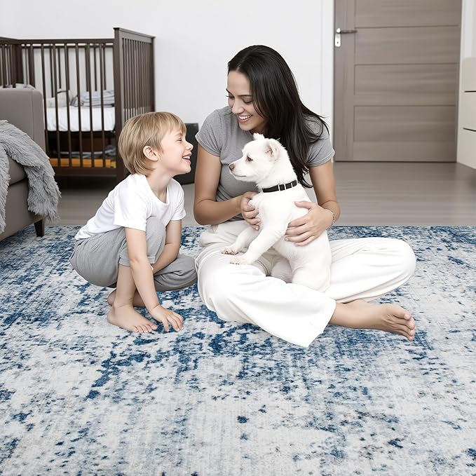 Washable Area Rug 3x10 Entryway Rug: Washable Modern Abstract Soft Thin Rug Indoor Floor No Slip Stain Resistant Carpet for Bedroom Dining Room Farmhouse Nursery Home Office - Blue