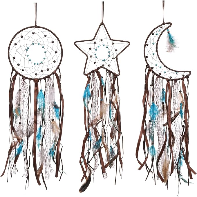 PATIKIL 28" Moon Sun Star Dream Catchers Set, Feather Handmade Dream Catchers Wall Hangings Art Decor for Home Wedding Bedroom Living Room Ornament,Blue Brown