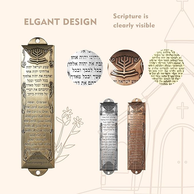 Mezuzah with Scroll for Door, Metal Mezuzah Cases with Lid, Plaque with English and Hebrew Blessing Scripture for Jewish House Warming Gift, Hannukah Decor (2 Sets), Antique Gold & Silver