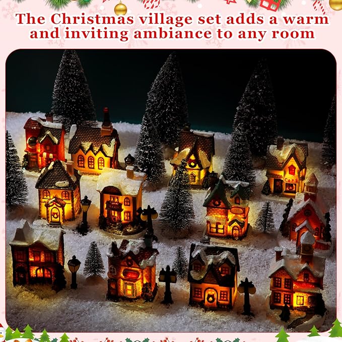 Liliful 36 Pcs Christmas Village Set Decoration Led Lighted Christmas Village House Scene Winter Houses Buildings Collection for Xmas Gifts Table Desktop Indoor Decoration Displays