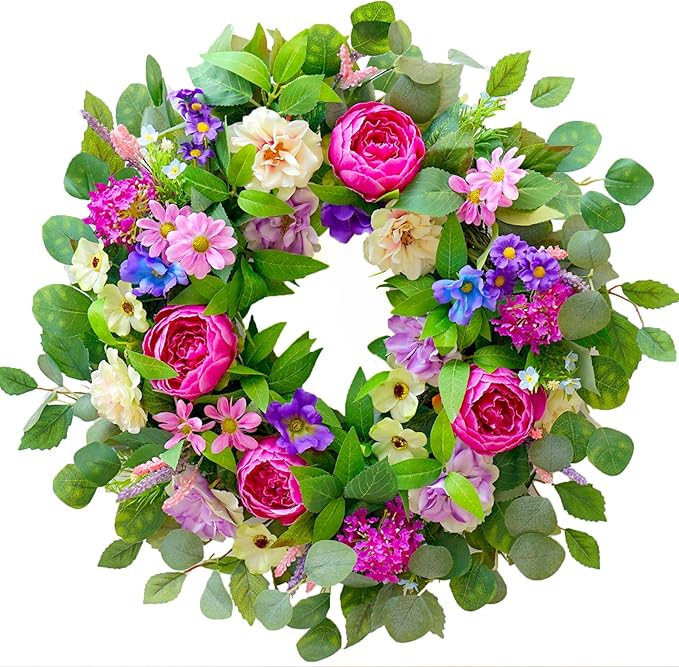 Spring Wreaths for Front Door Outside 24 Inch Spring Door Wreath with Pink Peony,Rose and Blue Hydrangeas, Handmade Silk Summer Wreaths for Front Door Home Wall Window Proch Seasonal Decor