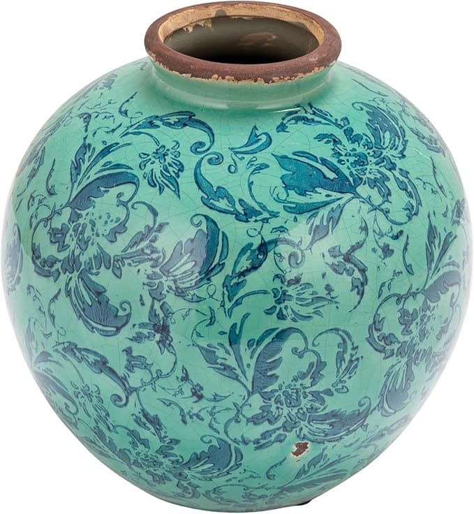 Creative Co-Op Round Decorative Terra-Cotta Vase with Transferware Pattern, Aqua