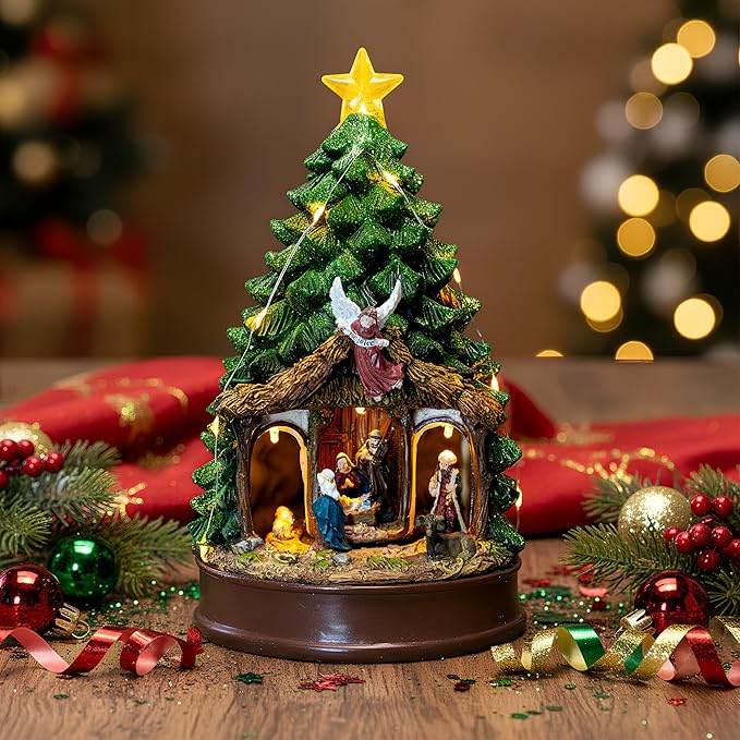 Christmas Tree Lighted Animated Rotating Adoration of The Magi Nativity Manger Scene, Musical Creche With Barn Animals Figurines LED Lights, Home Decor Gifts Festive Holiday Tabletop Decorations