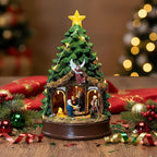 Christmas Tree Lighted Animated Rotating Adoration of The Magi Nativity Manger Scene, Musical Creche With Barn Animals Figurines LED Lights, Home Decor Gifts Festive Holiday Tabletop Decorations