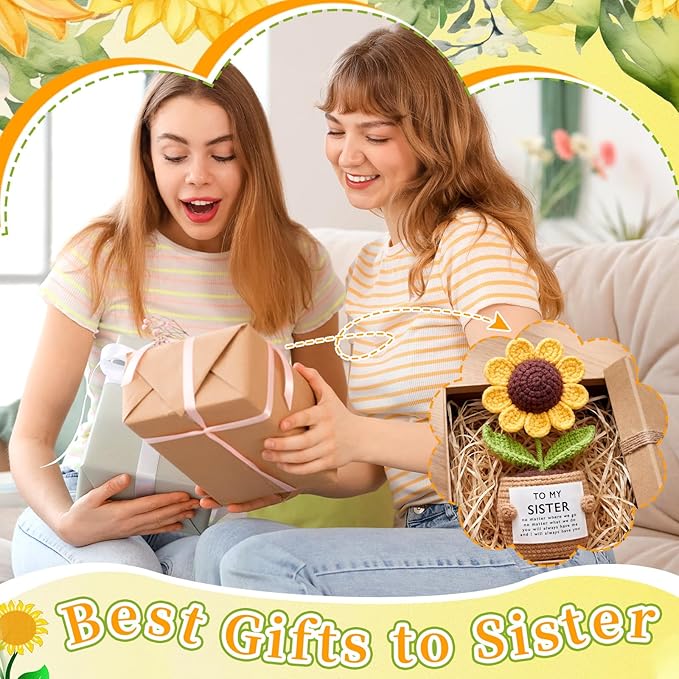 Wavwavw Sister Gifts Handmade Crochet Doll with Card Crochet Present for Sisters Sis Big Little Sister Birthday Wedding Home Decor(Sunflowers)