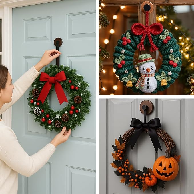 2 Pack Wreath Hangers for Front Door, Door Wreath Hanger on Glass, Window & Smooth Surfaces, Holiday Decoration Hook for Christmas, Thanksgiving, Halloween
