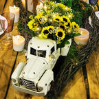 OurWarm Vintage White Truck Decor with Sunflowers Artificial Flowers Farmhouse Table Decor, LED String Lights Metal Truck Sunflower Decor for Home Rustic Farmhouse Tiered Tray Decor, Table Top Decor