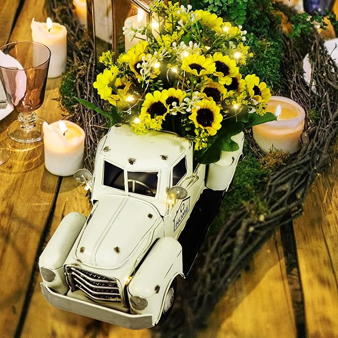 OurWarm Vintage White Truck Decor with Sunflowers Artificial Flowers Farmhouse Table Decor, LED String Lights Metal Truck Sunflower Decor for Home Rustic Farmhouse Tiered Tray Decor, Table Top Decor