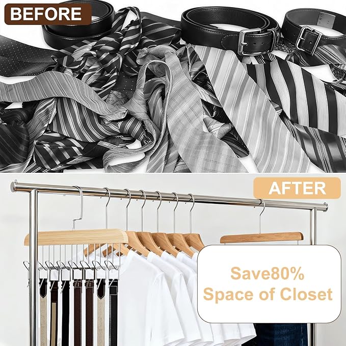 2 Pack Tie Hanger for Closet, Wooden Tie Racks Hanger with Upgraded 360°Rotating, Space-Saving Belt Holders with 8 Hooks, Closet Storage for Tie,Tank Top,Bra, Scarf,Hat