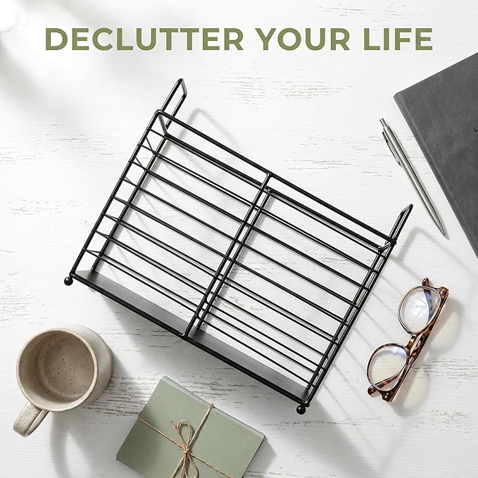 Noamus Metal Magazine Rack, Newspaper Book Tablet Storage Basket, File Holder Mail Organizer Bin with Handles, Iron Wire Black Folder Stand Holder for Home Office Bathroom Bedroom Den Living Room