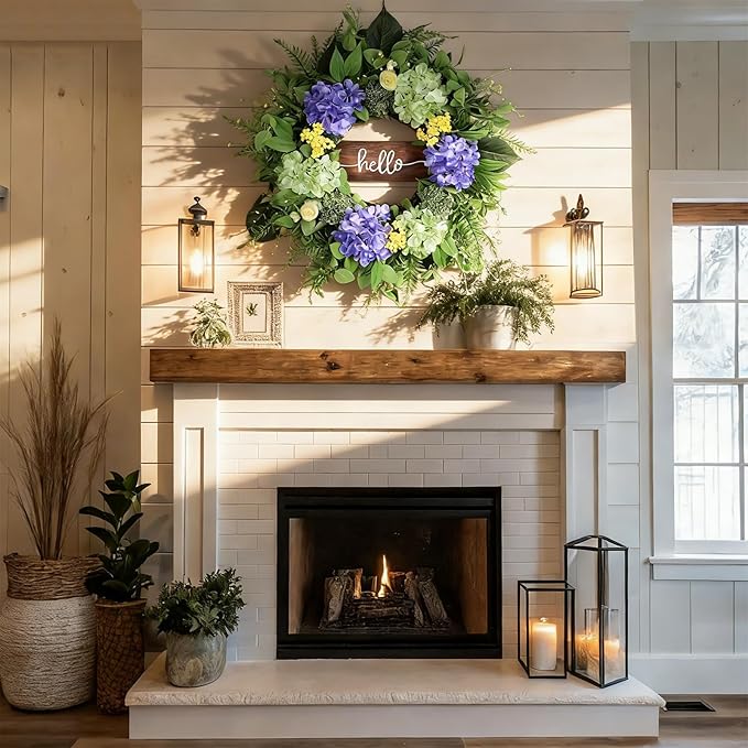 24” Spring Summer Wreaths for Front Door, Greenery Front Door Wreath with Hello Sign for Indoor Outdoor Porch Window Wall, Artificial Floral Wreath with Hydrangeas Berries for Home Decor