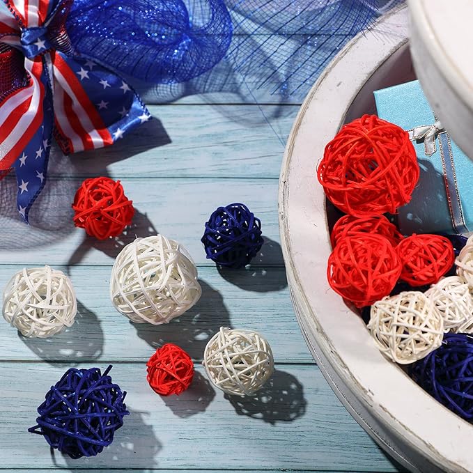 Patelai 36 Pcs Wicker Rattan Balls Decorative Balls for Vase Centerpiece Bowls Orbs Filler for Home Decor,4 Sizes(Royal Blue, White, Red,2.4'',2'',1.6'',1.2'')