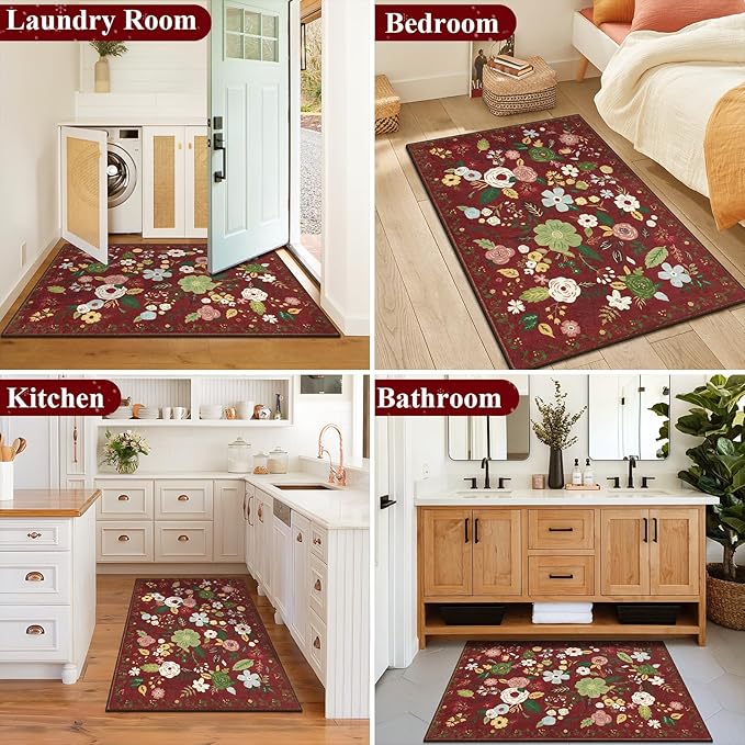 U'Artlines Colorful Floral Indoor Door Mat Entrance Rug 2'x3'Soft Non Slip Machine Washable Red Christmas Area Rug Small Carpet for Entryway Kitchen Bathroom Bedroom (Red)