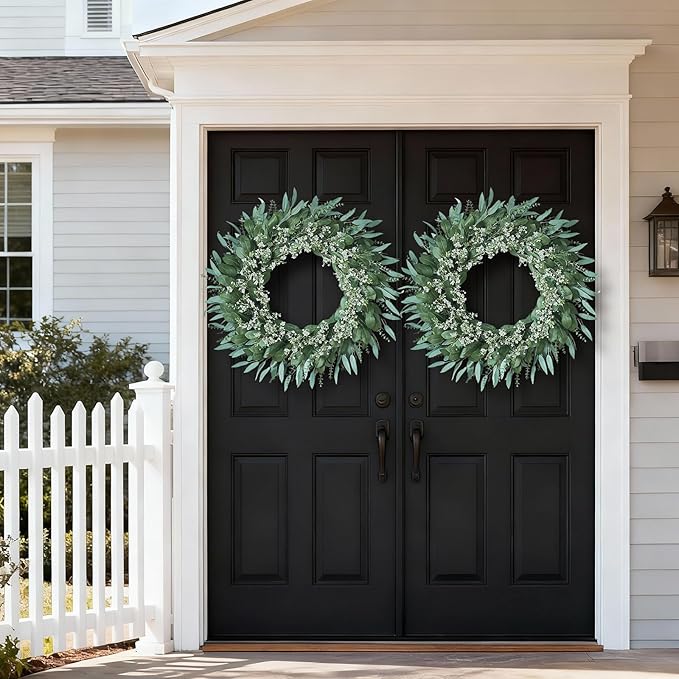 32'' Eucalyptus and Babys Breath Flowers Wreath for Front Door - Large Artificial Greenery Outdoor Wreath for Porch,Window,Farmhouse,Home,Hanging Decor- Spring, Summer, All Seasons (Green-White)