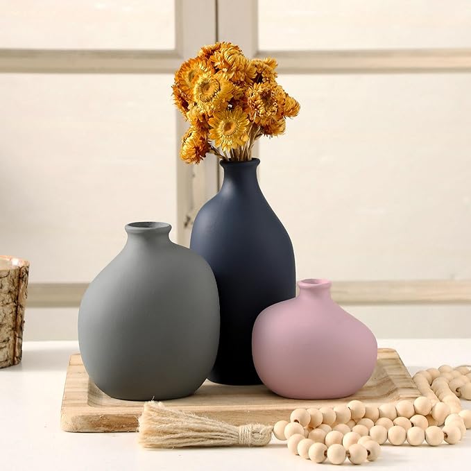Ceramic Vase Set of 3,Decorative Vases Home Decor, Small Modern Boho Rustic Farmhouse Pottery Vases for Pampas Grass Dried Fresh Flowers,Bedroom,Living Room,Bookshelf, Mantel，Centerpiece Table Decor