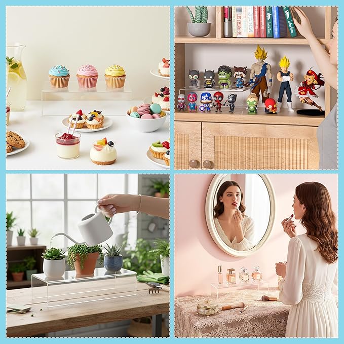 Acrylic Shelf Riser 10x4.7x3 pack of 2, Desktop Rectangular Acrylic Tray Pedestal Stand for Home Décor, Figures, Manga or Other Collectibles, 10x4.7x3 Inch