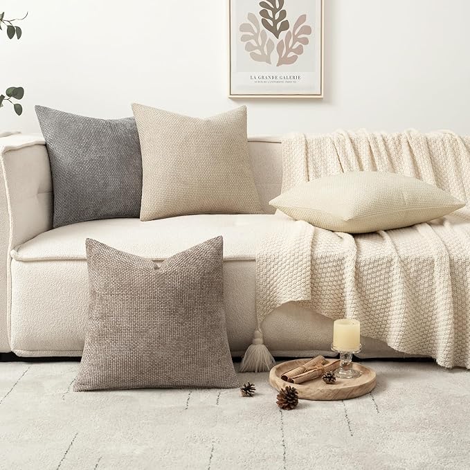 MIULEE Pack of 4 Couch Throw Pillow Covers 20x20 Inch Neutral Beige/Brown Soft Decorative Chenille Pillow Covers Farmhouse Accent Cushion Covers for Boho Spring Home Decor Sofa Bedroom Living Room