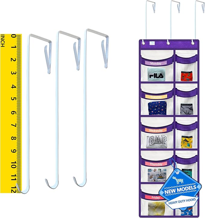 weekly clothes organizer for kids are a must have for parents,5 drawer storage organizer,Extended hook12 inches,kids clothes organizer, comes with two sets of label cards,2025 New White/Purple