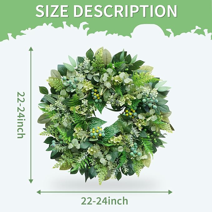 24 Inch Green Wreath for Front Door - Artificial Greenery Wreath with Berries, Indoor Outdoor All Season Year Eucalyptus Wreath for Farmhouse Home Decor, Spring Summer Fall Winter