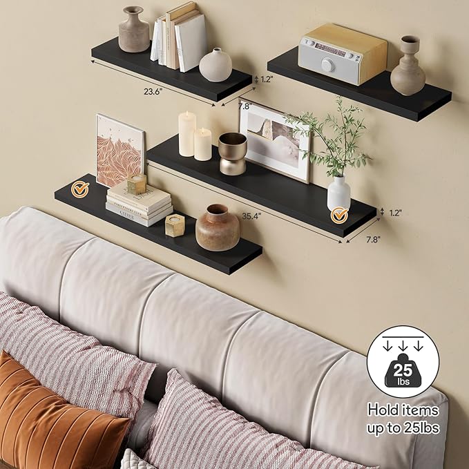 Forbena Large Floating Shelves for Wall 36 Inches Long 8 Inch Deep, Black Wall Shelves for Kitchen Bedroom, Heavy Duty Wooden Floating Shelf for Living Room Office Closet (Black, Set of 3)