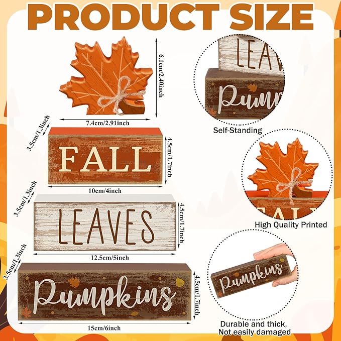 Lineshading 4 Pcs Fall Decoration for Home Wooden Maple Leaf Thanksgiving Table Centerpiece Rustic Thanksgiving Tiered Tray Decor Decorative Fall Leaves Block Signs Farmhouse Autumn Decor for Kitchen
