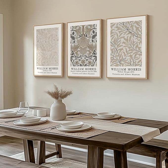 Framed Large William Morris Canvas Wall Art Set of 3, Vintage Neutral Botanical Floral Prints, Nature Artwork for Living Room, Bedroom, Hallway or Office Decor, 16x24 Inch