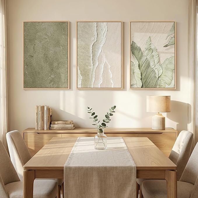Framed Abstract Sage Green 3 Piece Wall Art for Living Room, Modern Neutral Waves Botanical Canvas Artwork for Walls, Minimalist Wabi Sabi Rustic Nature Print Wall Decor for Bedroom Office, 16x24 Inch