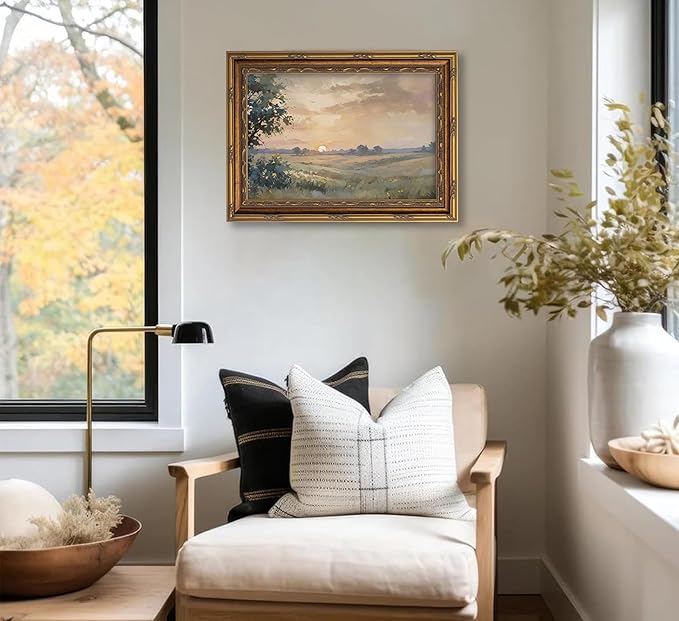 Vintage Gold Framed Wall Art Retro Fall Sunset Country Oil Painting Canvas Prints Watercolor Autumn Landscape Picture Rustic Farmhouse Soft Nature Poster Artwork for Living Room Bedroom, 16x24in