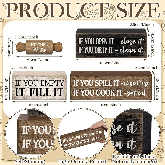Moucuny 4 Pcs Rustic Wooden Table Decor Farmhouse Kitchen Rules Wood Sign Black Brown and White Centerpiece Rolling Pin Block Sign for Home Living Room Dining Room Shelf Table Decor