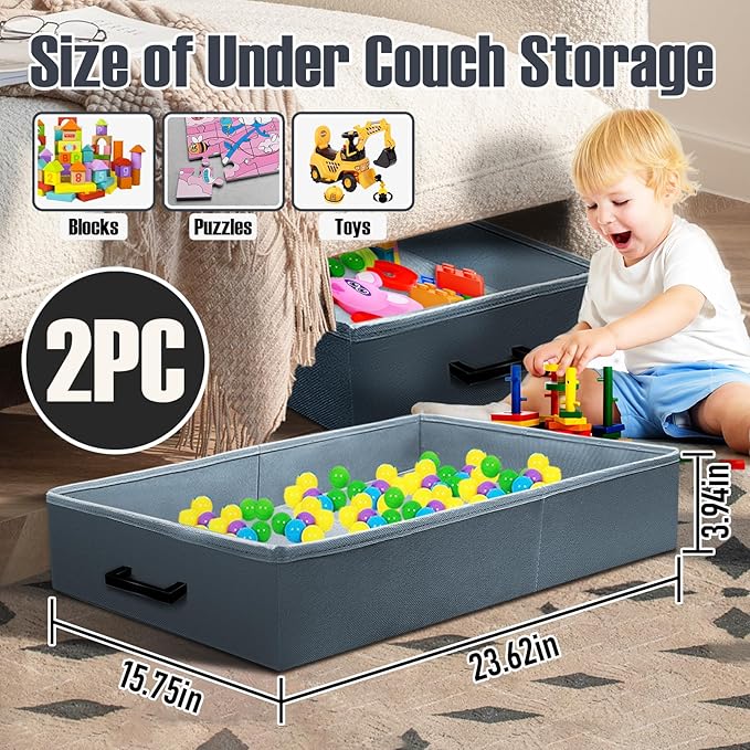 Under Couch Storage, 2 Pack Under Bed Containers, Foldable Under Sofa Storage keeps things out,Under Couch Storage Box for Toys,Blocks,Puzzles, Plush Dolls,Books(23.62 * 15.75 * 3.93in)