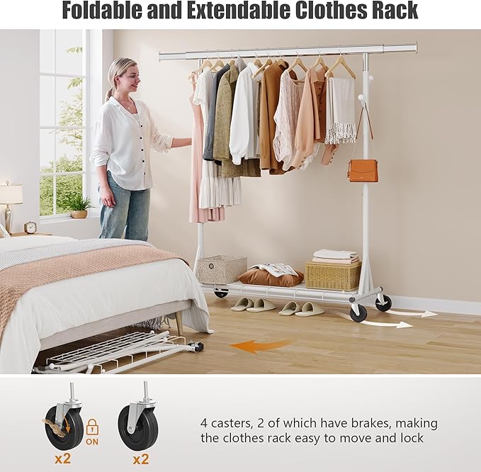 Heavy Duty Clothes Rack, 530 lbs Load Capacity Metal Garment Rack on Wheels - Collapsible Adjustable Portable Storage with Hooks, White