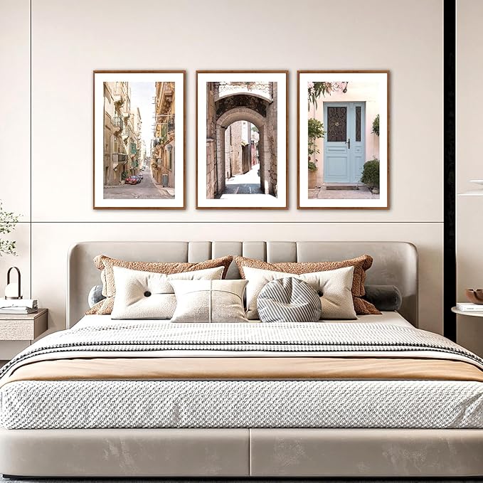 KAlRNE Vintage Cityscape Framed Canvas Painting Set of 3(16”X24”),European Street Scenery Wall Decor,Framed Rustic Mediterranean Wall art,Texture Alleyway Beige Art Prints For Living Room Bedroom
