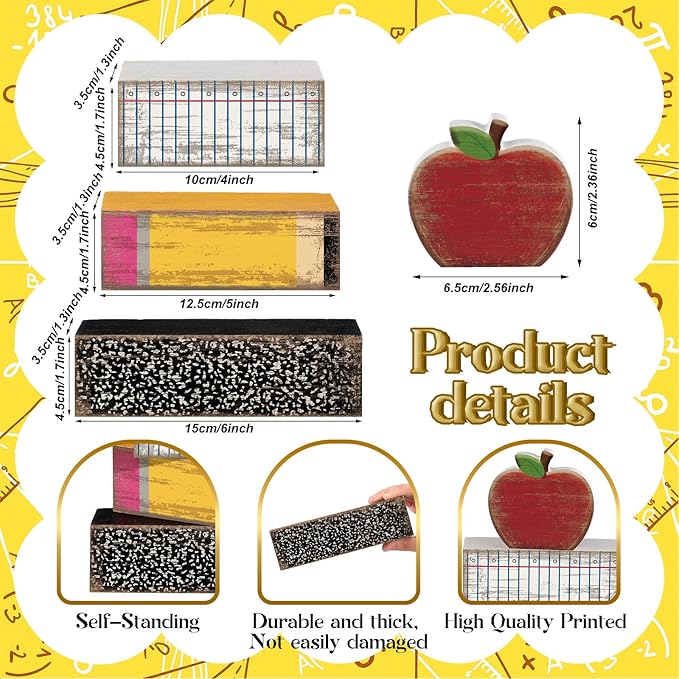 Lineshading 4 Pcs Back to School Table Decorations Retro Red Apples Decor Back to School Tiered Tray Decor Apple Centerpieces Rustic Wood Pencil Block Sign Farmhouse Gifts for Home Shelf Mantel