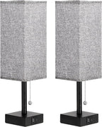 aooshine Bedside Table Lamps Set of 2 - Gray Bedroom Lamps with 3 Color Temperatures (3000K/5000K/4000K), Square Nightstand Light with USB C + A Charging Ports, Pull Chain Small Night Light