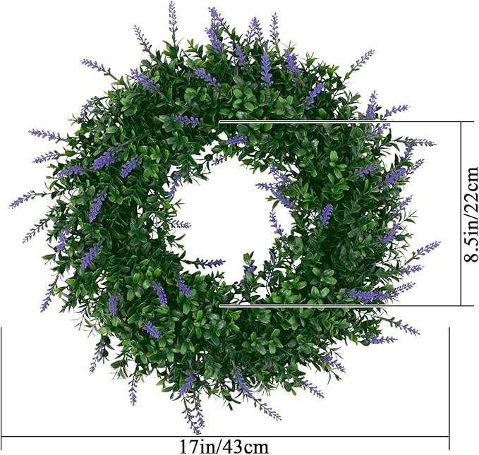 SHACOS Lavender Greenery Wreath 17" Artificial Boxwood Front Door Wreaths for Home Wall Window Farmhouse Decoration 100% Plastic Indoor Outdoor
