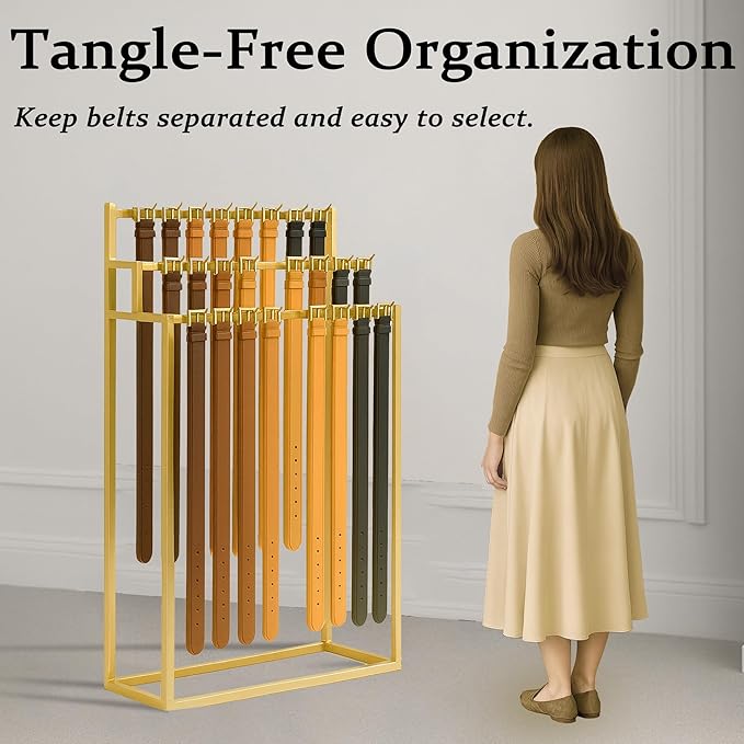 Retail Belt Display Stand,Floor Mounted Belt Hanger, Metal Men Belt Organizer,Commercial Tie Scarf Purse Display for Clothing Retail and Home (Gold)