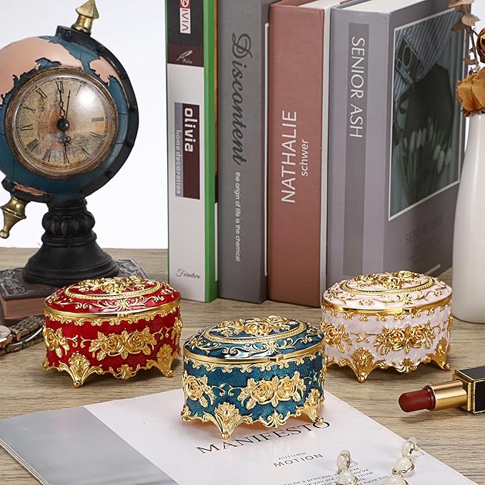 Hipiwe Vintage Metal Jewelry Box - Oval Trinket Organizer Ring Box Case with Rose Pattern Jewelry Storage Box for Ring Earrings Necklace, Gift for Women