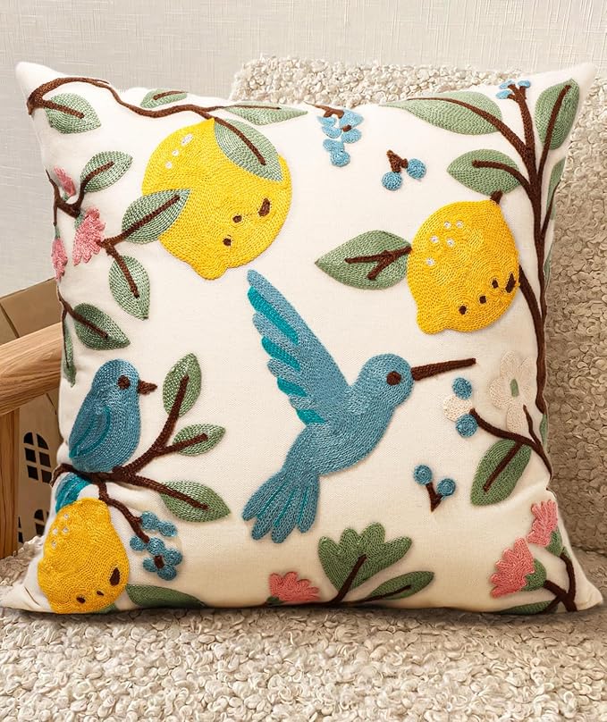 Embroidered Throw Pillow Cover 18x18 Inch - Spring Summer Boho Decorative Pillow Cover with Zipper for Living Room Couch Sofa Bed Aesthetic Design Bird Lemon Cushion Pillowcase