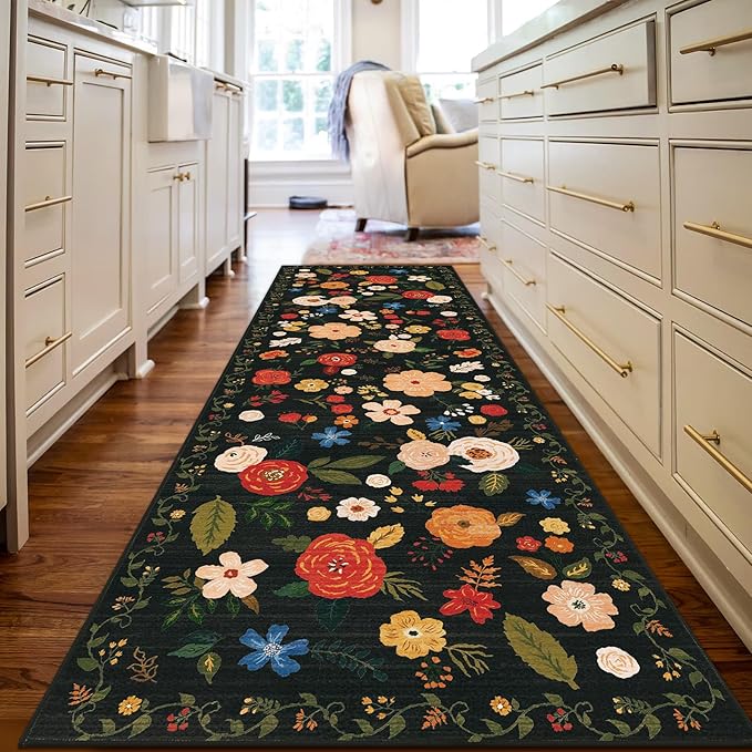 U'Artlines 2'6" x 8' Boho Runner Rug for Hallways Kitchen Colorful Floral Soft Non Slip Washable Floor Carpet Runners for Entryway Laundry Room Bathroom Black Green