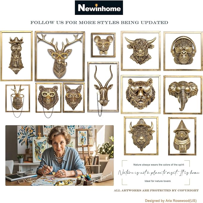 Newinhome Animal Heads Wall Decor (Includes Metal Frame) Resin Animals Sculptures Head Wall Hanging Decoration Gold vintage Wall Sculpture for Living Room Bedroom Office (American Bison)