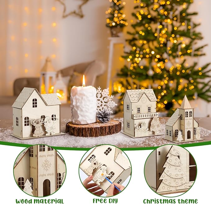 Thyle 6 Set Christmas Wooden House Kit for Craft DIY Christmas Village Unfinished Wooden Gingerbread House Make Your Own 3D Houses Xmas Painting Gift Craft Activity Creative DIY Art Decoration Project