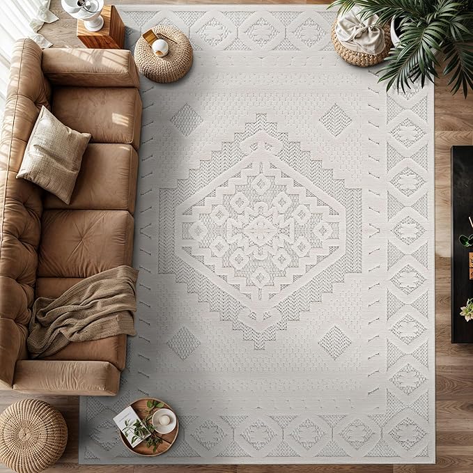 Modern Micro Loop Indoor Area Rugs for Living Room Bedroom Kitchen Geometric Trellis White 5x7 Luxury Durable Low and High Pile Non-Shedding Stain Resistant Soft Area Carpet 5 x 7