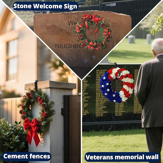 BEISE Wreath Hanger for Headstone, Adjustable 6"- 11", Black 1 Pack, Non-Slip Sponge Grip, Fits Thick Upright Gravestone with Flat or Uneven Arched Tops, Easy Outdoor Cemetery Memorial Christmas Décor