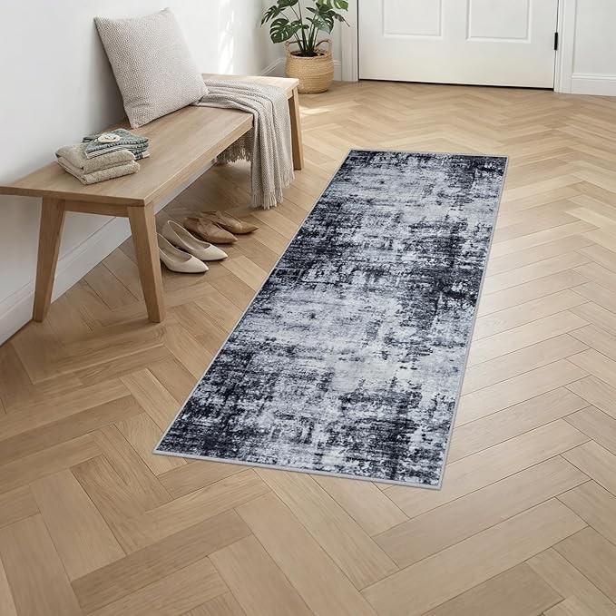 2'x6' Runner Rug Washable Rug: Modern Abstract Soft Thin Runner Rug Dark Black