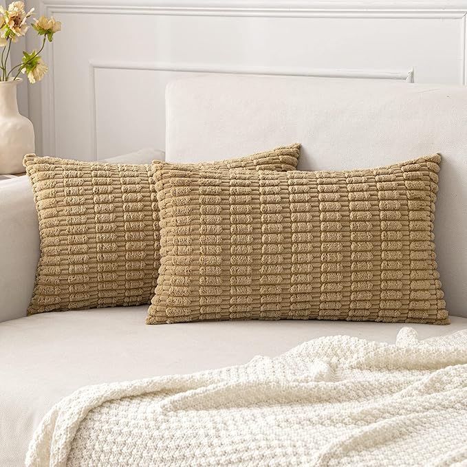 MIULEE Pack of 2 Corduroy Decorative Lumbar Throw Pillow Covers 20x12 Inch Soft Boho Striped Pillow Covers Modern Farmhouse Home Decor for Sofa Living Room Couch Bed Khaki